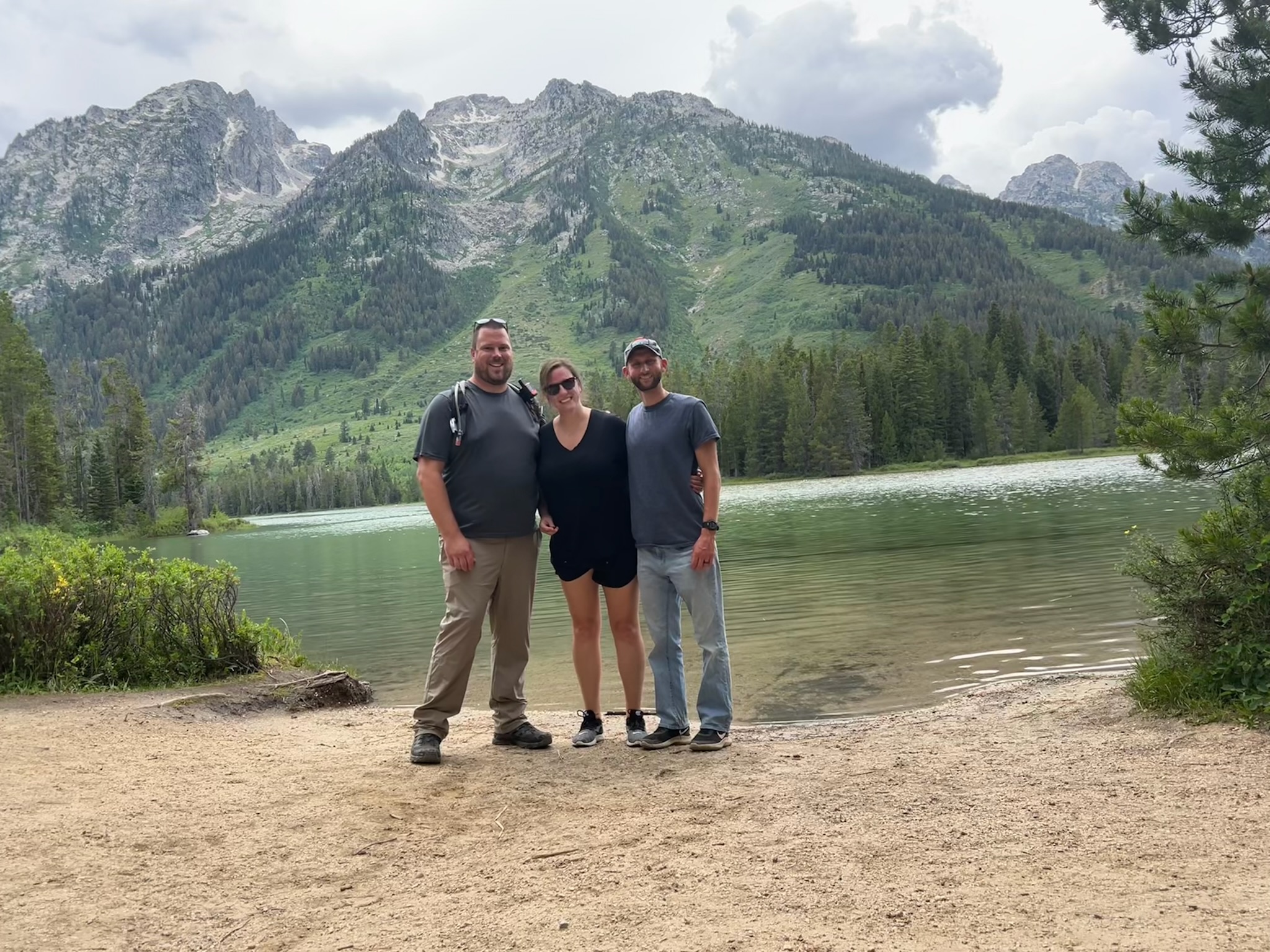 Leigh Lake behind Jackie, Austin, and me